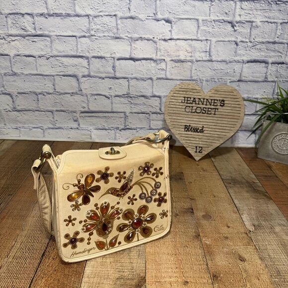 Enid Collins Humdinger Hummingbird Flowers Jeweled Canvas Bag Purse *flaws* - Picture 2 of 13